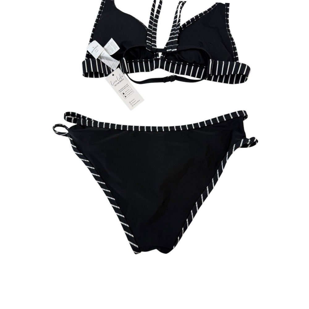 Cupshe NWT Black White Stripe V-Neck Double Strap Bikini Hip Cutout Set Small S - Picture 10 of 13